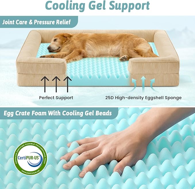 COZY KISS Cooling Dog Bed for Extra Large Dogs 44x32 inch, Q-Max >0.4 Summer Cool Orthopedic Foam Pet Sofa Bed with Sides, XL Size Bolster Anti-Slip Couch with Washable Removable Cover, Beige