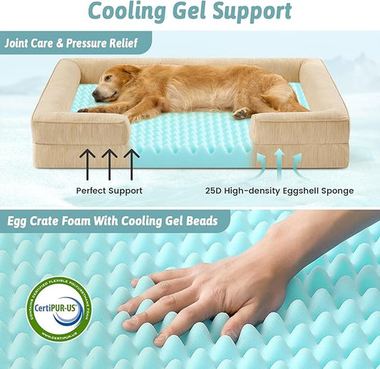 COZY KISS Cooling Dog Bed for Large Medium Size Dogs, Q-Max >0.4 Summer Cool Orthopedic Foam Pet Sofa Bed with Sides, Bolster Anti-Slip Couch with Washable Removable Cover, L 36x27x6.5 inch, Beige
