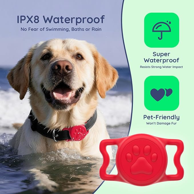 IP68 Waterproof Dog AirTag Holder for Dog Collar, Soft, Stretchy Silicone | Full-Body Protection, Easy Tool-Free Installation, Quiet, No-Dangle Fit, Lightweight, Fits Dog & Cat Collars of All Widths