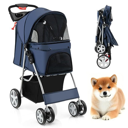 4 Wheels Dog Stroller, Foldable Pet Stroller for Small/Medium Dogs Cats, Cat Carrier with Storage Basket and Cup Holder, Pet Car Seat with Soft Pad, Navy Blue