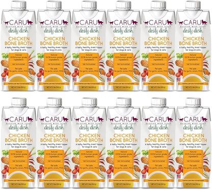 Caru - Daily Dish Chicken Bone Broth - Meal Topper for Dogs & Cats - Supports Overall Pet Health - Pour-Over Broth for Wet/Dry Food - Human Grade Ingredients - Non-GMO - Made in USA - 12 Pack