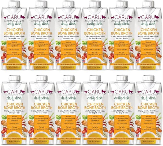 Caru - Daily Dish Chicken Bone Broth - Meal Topper for Dogs & Cats - Supports Overall Pet Health - Pour-Over Broth for Wet/Dry Food - Human Grade Ingredients - Non-GMO - Made in USA - 12 Pack