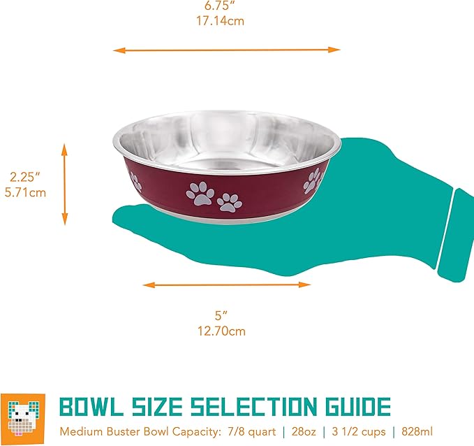Fuzzy Puppy Food Bowl & Water Bowl for Dogs & Cats | Designer Series: Paw Print Detail, Stainless Steel & Maroon, 28 oz (FPP-Maroon M)