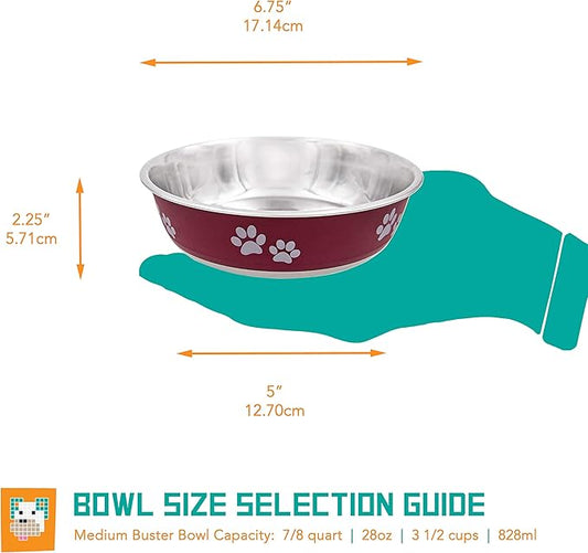 Fuzzy Puppy Food Bowl & Water Bowl for Dogs & Cats | Designer Series: Paw Print Detail, Stainless Steel & Maroon, 28 oz (FPP-Maroon M)