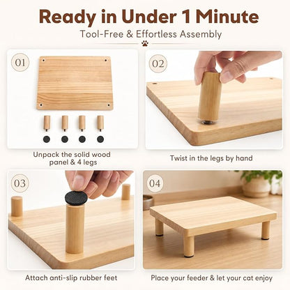 Elevated Cat Food Stand for Automatic Feeder, 2.4" Raised Cat Bowl Stand | Pet Food Station for Neck & Joint Care, Waterproof Solid Wood Cat Feeder Stand, Cat Food Table with Non-Slip Feet