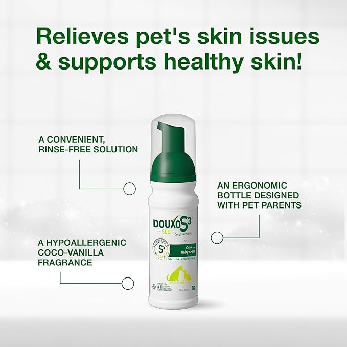 Douxo S3 Seb Mousse, Contains 0.5% Ophytrium, Odor Control & Seboregulating, For Oily to Flaky Skin, Seborrhea, For Dogs and Cats, 5.1 fl. oz. (150mL)