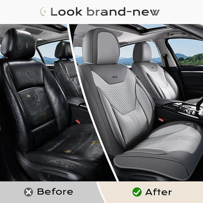 Coverado Car Seat Covers Full Set, Front Seat Covers with Lumbar Support and Back Seat Cover Waterproof Leather Automotive Seat Cover, Universal Car Interior Protectors Cushion for Most Cars