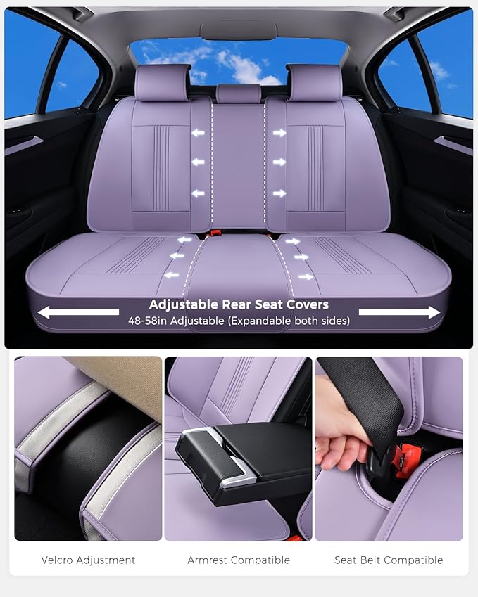 Huidasource Purple Seat Covers, Nappa Leather Car Seat Covers with Lumbar Support, Ventilation Holes, Velcro Adjustable, Airbag, Full-Coverage Seat Covers, Fit for Most Cars SUV Trucks, Purple