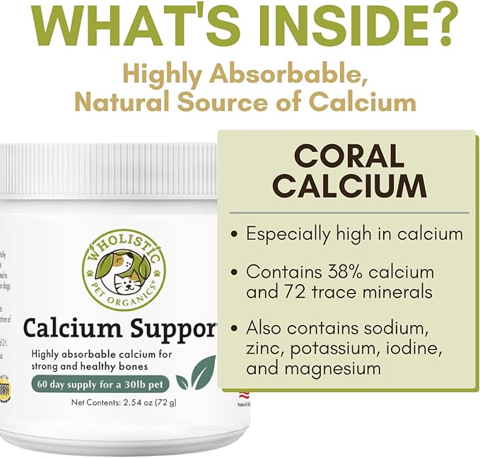 Wholistic Pet Organics Pure Powder Calcium for Dogs and Cats - Supports Strong Bones, Teeth & Muscles - Sea Coral Cat and Dog Calcium Supplement with 72 Trace Minerals - Pet Food Topper - 60 Scoops