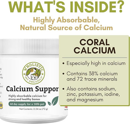 Wholistic Pet Organics Pure Powder Calcium for Dogs and Cats - Supports Strong Bones, Teeth & Muscles - Sea Coral Cat and Dog Calcium Supplement with 72 Trace Minerals - Pet Food Topper - 60 Scoops