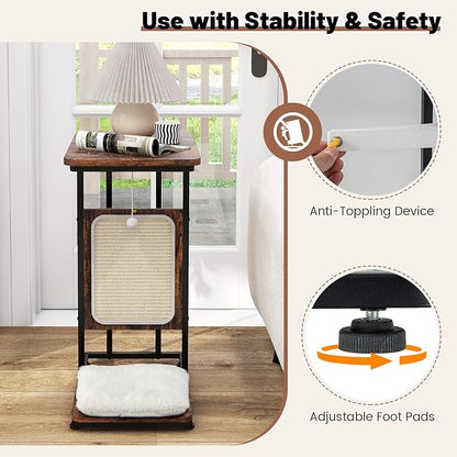 Tangkula Cat Tree and End Table, 4-in-1 Cat Coffee Table, C-Shaped Cat Small Side Table with Sisal Scratching Mat, Removable Washable Cushion, Modern Cat Furniture for Living Room, Bedroom