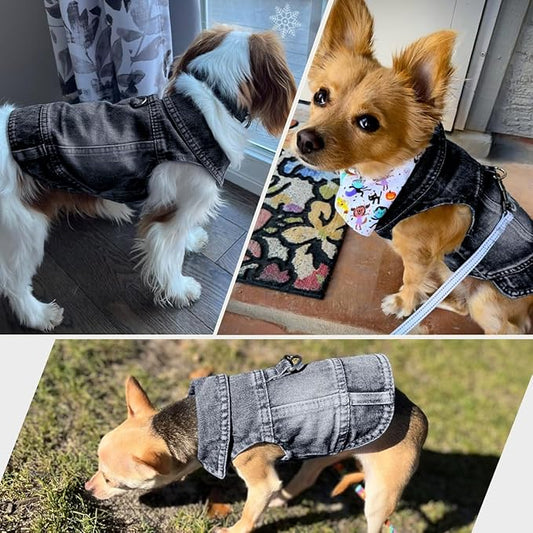 Dog Jean Jacket, Blue Denim Shirt Classic Lapel Vest Coat Costume Puppy T-Shirt, Comfort Tank Top Cool Apparel, Washed Pet Clothes for Dogs Boy Girl (Black with D-Ring, Large)