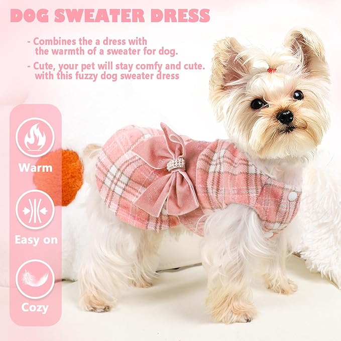 Yikeyo Dog Sweater Dress,Pink Plaid Dog Dress for Small Dogs Girl, Fall Winter Warm Fleece Lining Female Clothes, Pet Outfits Coat, Cat Apparel Holiday Christmas, Small
