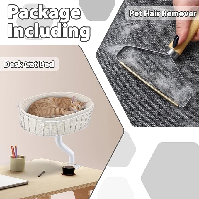 Cat Desk Bed - Sturdy Cat Bed for Desk Support 45lbs,Indoor Desktop Cats Beds for Tables Game Office Desks Attachment,17"x13" Removable Cotton Cats Nest,Heavy-Duty Metal Frame and Clamp (White)