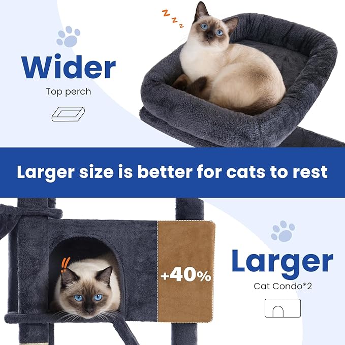 ABCPET Cat Tree 82 in Multi-Level Cat Tower for Indoor Cats, Heavy Duty Large Cat Tree with Sisal Scratching Posts, Hammock, 2 Perches, 2 Condos, 2 Hanging Baskets, Dark Grey