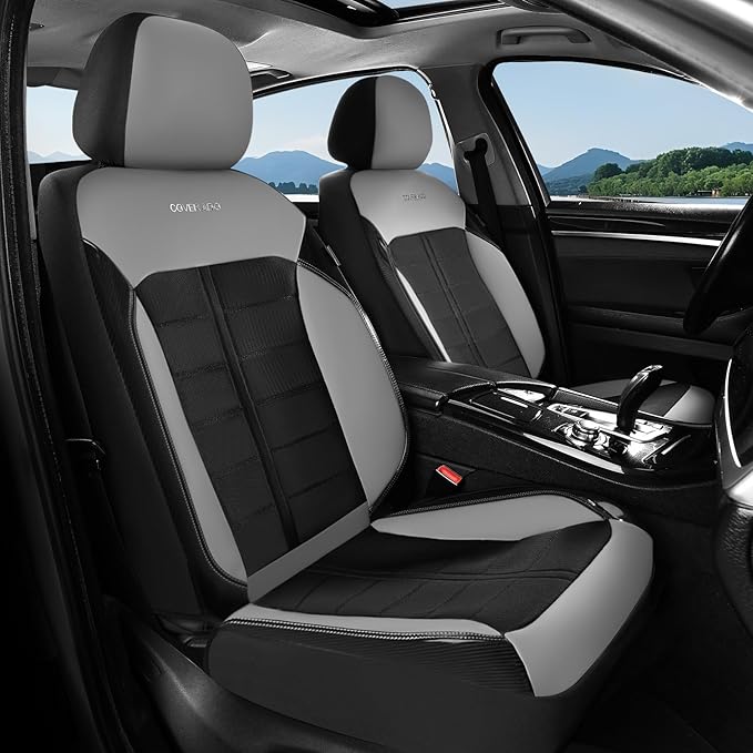Coverado 3D Air Mesh Front Car Seat Cover, Sports Carbon Fiber Design, Breathable Seat Protectors Airbag Compatible Comfort Universal for Most Cars, Van,Trucks, SUV, Black&Grey
