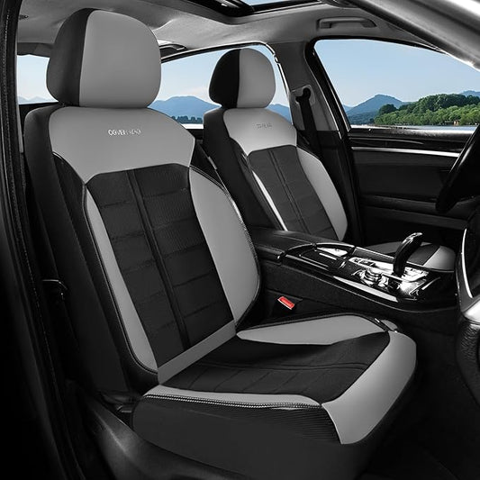 Coverado 3D Air Mesh Front Car Seat Cover, Sports Carbon Fiber Design, Breathable Seat Protectors Airbag Compatible Comfort Universal for Most Cars, Van,Trucks, SUV, Black&Grey