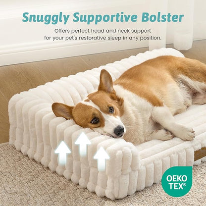 COZY KISS Cute Dog Bed, Faux Rabbit Fur Orthopedic Foam Dog Bed with Sides, Removable Washable Cover & Waterproof Lining, Comfortable Pet Couch for Small Dogs, Cream (30" L x 20" W x 6" Th)