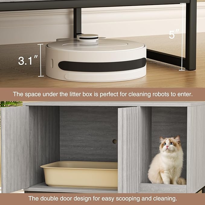 Halitaa Litter Box Enclosure, Modern Cat Litter Box Enclosure Furniture Hidden Litter Box with Cat Scratch Pad, Cat Washroom Cat House End Table, Entryway Bench for Livingroom (Grey)