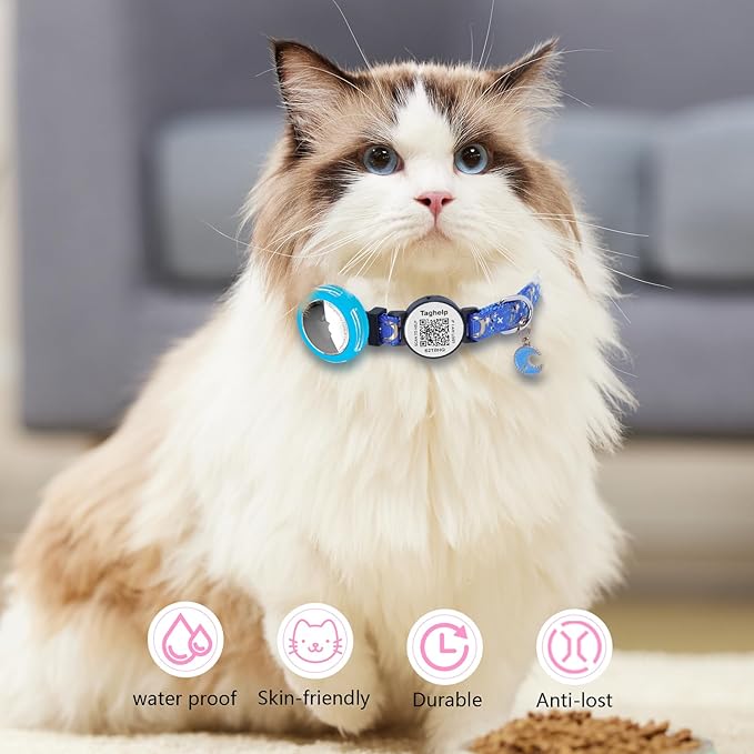 Waterproof Airtag Cat Collar Breakaway, Moons and Stars Safety Breakaway Cat Collars with Apple Airtag Holder with Qr Code, Adjustable GPS Tracker boy Girl Kitten Collar (Black B)