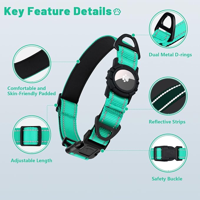 Taglory AirTag Dog Collar with Waterproof Holder for Puppy, Turquoise, XS | Reflective for Night Walks & Low-Light Safety, Track Your Pup Peace of Mind, Adjustable Soft Padded, No More Dangling Tags
