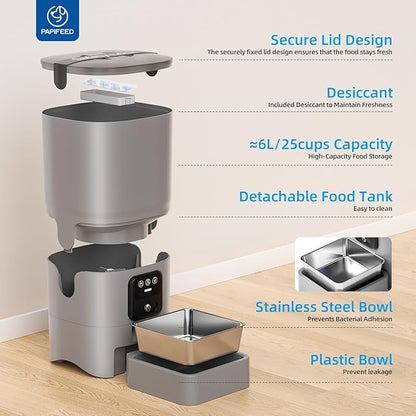 PAPIFEED Automatic Cat Feeder with Wide-Angle Camera, WiFi Pet Feeder with APP Control for Remote Feeding, Detachable for Easy Clean, Dual Power Supply,1-10 Meals Per Day for Multiple Pets(Gray)