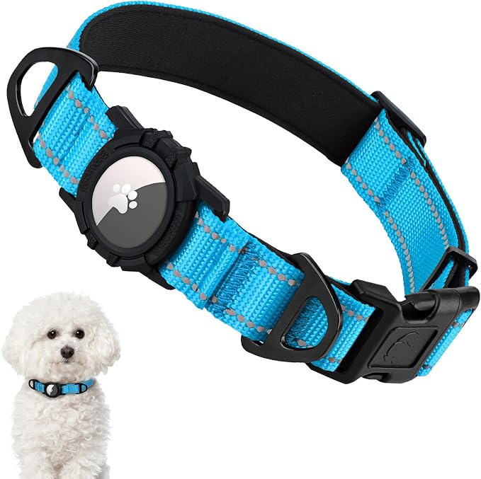 Taglory AirTag Dog Collar with Waterproof Holder for Small Dogs, SkyBlue, S | Reflective for Night Walks & Low-Light Safety, Track Your Pup Peace of Mind, Adjustable Soft Padded, No More Dangling Tags