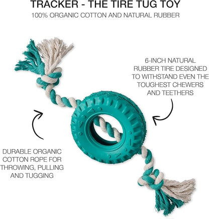 Pet Passion Natural Rubber Tire and Organic Cotton Rope Pull and Chew Dog Toy for All Pet Breeds, Teal, One Size