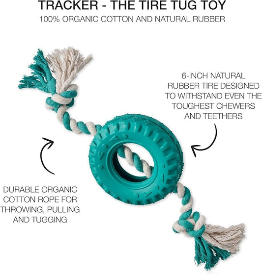 Pet Passion Natural Rubber Tire and Organic Cotton Rope Pull and Chew Dog Toy for All Pet Breeds, Teal, One Size