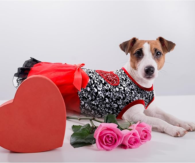 Dog Costume Dress M, Black Floral Top with Red Tulle Skirt and Bow, Glitter Heart Pet Outfit for 8-9 lbs Dogs and Cats, Holiday Party Clothing