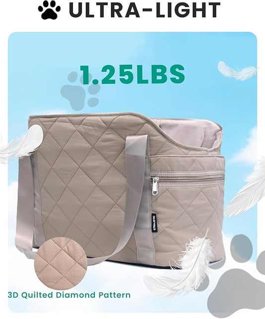 Lightweight Dog Purse Carrier for Small Dogs up to 15 lbs, Dog Tote Bag Puppy Carrier, Soft Plush Interior, Safety Leash Clip, 4 Side Pockets Dog Carrier Bag for Travel & Walking, Camel