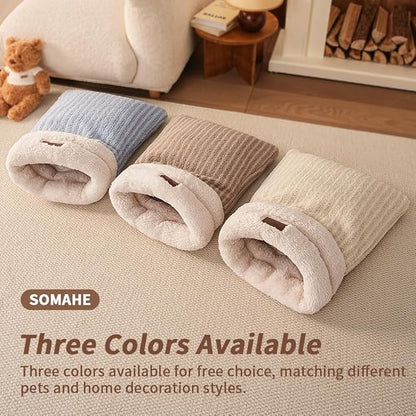 Cat Sleeping Bag for Indoor Cats, Self Warming Cat Bed Cave Fits up to 15 lbs Pets, Pet Sleeping Bed with Plush Portable Snuggle Sack/Hideway 17''×21''White