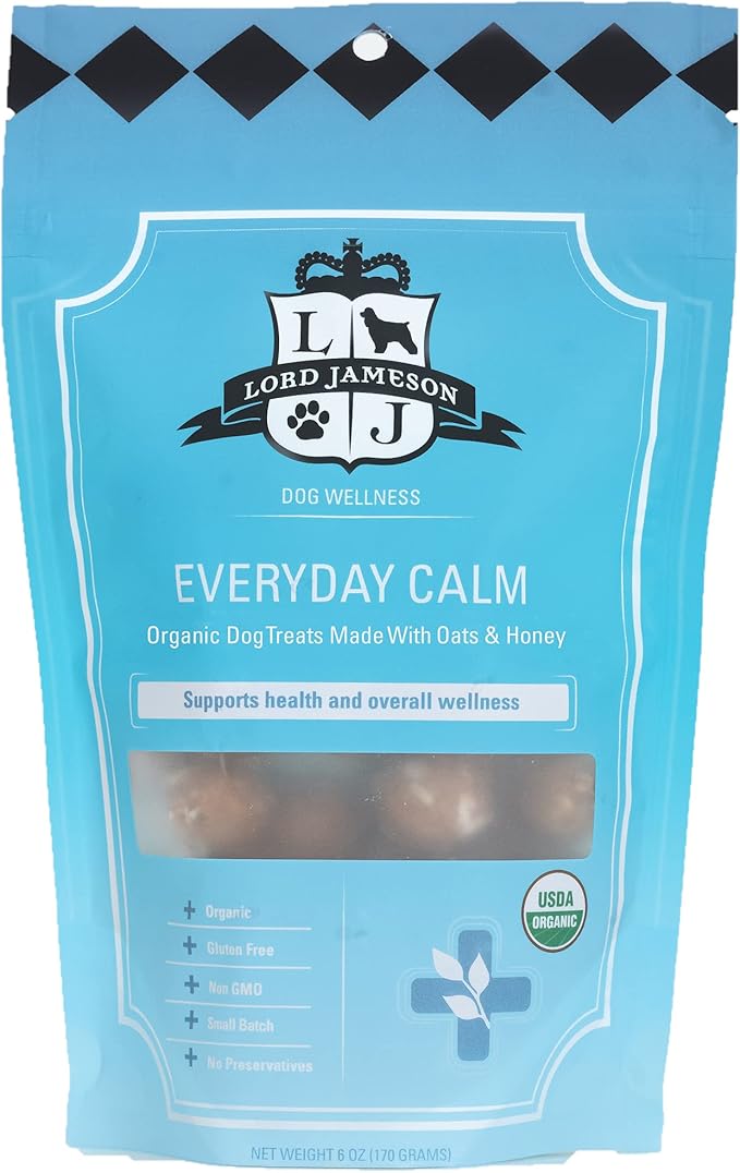 Lord Jameson Everyday Calm Soft & Chewy Organic Dog Treats - Organic Peanut Butter & Soothing Chamomile - No-Bake Recipe - Gluten-Free, Preservative-Free, USDA Certified Organic - Made In USA 6 oz