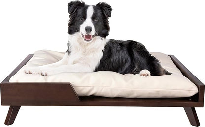 Elevated Dog Bed - 36” x 29.5” Indoor Pet Bed with Frame and Soft Cushion - Mid-Century Modern Wood Dog Bed for Medium to Large Pets by PETMAKER (Dark Brown)