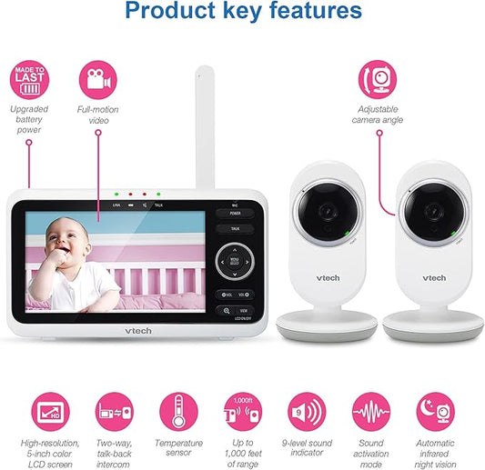 VTech [Upgraded] VM350-2 Baby Monitor, 5" Screen,2 Cameras,1000ft Range, Night Vision, 2-Way Audio, Lullabies, Secure Transmission No WiFi