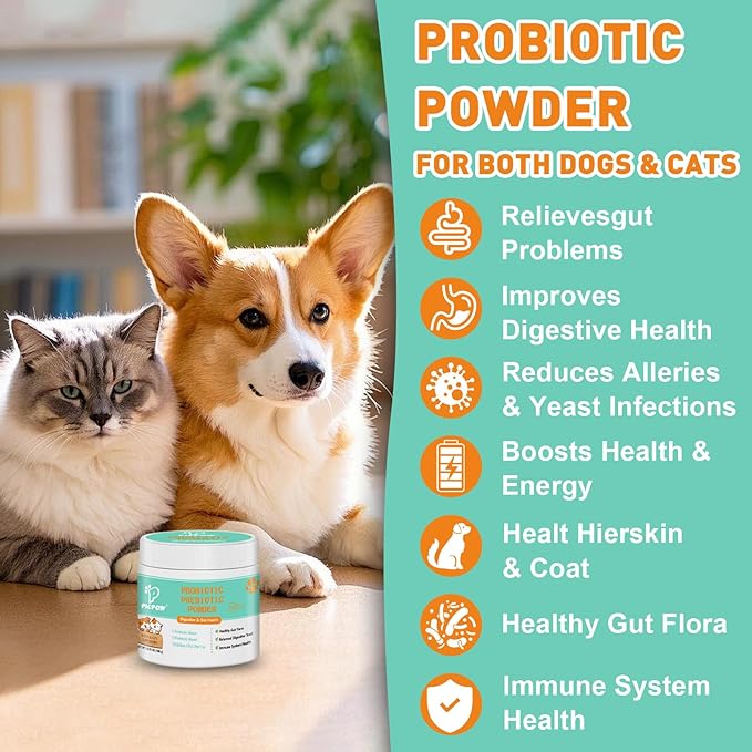 Probiotic Powder for Dogs & Cats, 10 Billion CFU Dog Probiotic Powder, with Digestive Enzymes & PrebioticsP, for Digestive Health, Immune Support, Diarrhea, Gas & Loose Stool