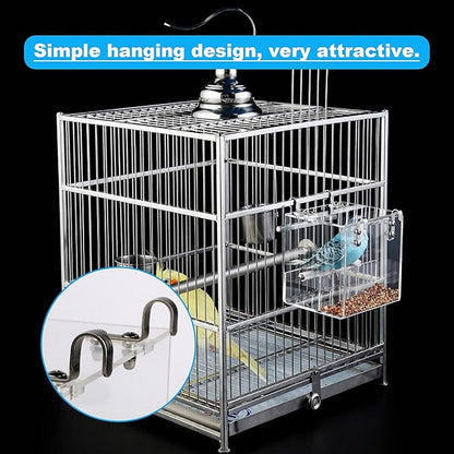 No Mess Bird Feeder for Cage - Automatic Bird Feeder Transparent Food Container Acrylic No Spill Cage Seed Catcher with Stainless Steel Hooks for Parrot Parakeet Cockatiels Lovebirds