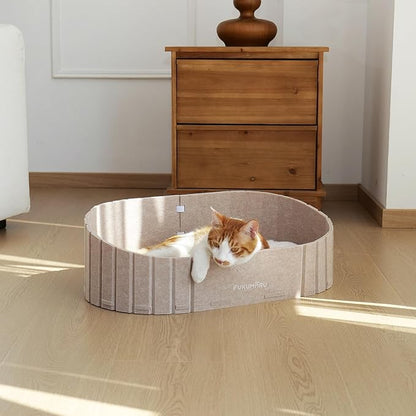 FUKUMARU Cat Beds for Indoor Cats, 24 Inch Large Cat Couch Bed with Cozy Faux Rabbit Fur Cushion, Felt Cats House Sofa in Oval Shape, Camel