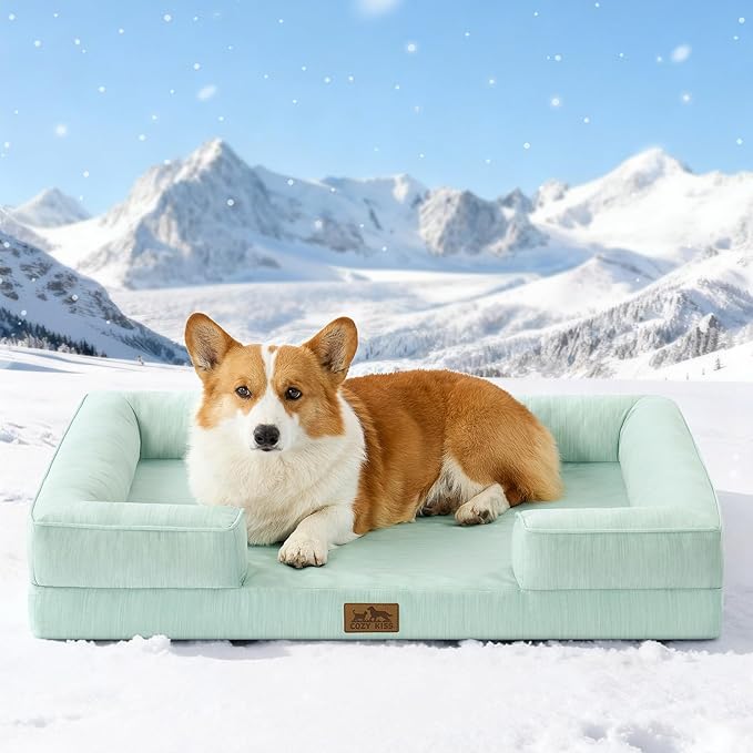 COZY KISS Cooling Dog Bed for Large Medium Size Dogs, Q-Max >0.4 Summer Cool Orthopedic Foam Pet Sofa Bed with Sides, Bolster Anti-Slip Couch with Washable Removable Cover, L 36x27x6.5 inch, Green