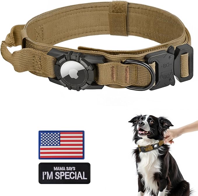 Tactical AirTag Dog Collar - Heavy Duty, Adjustable GPS Collar | Compatible with Apple AirTag, with Holder & Control Handle for Medium/Large Dogs [ Brown, M ]
