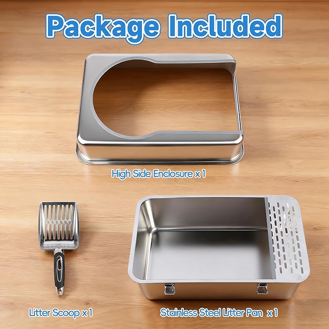 Stainless Steel Cat Litter Box XXL, 23.6" L x 15.7" W x 11.8" H Extra Large Semi Enclosed Removable Metal Litter Tray with High Sided Enclosure, Scoop, Anti-Leakage, Non-Sticky, Easy Cleaning