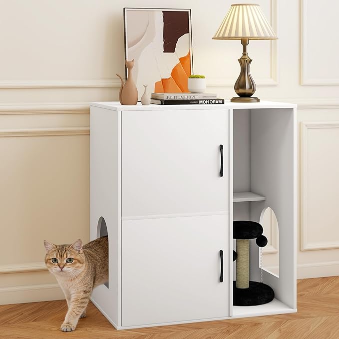 Rovibek Double Cat Litter Box Enclosure,Two Tier Hidden Litter Box Furniture for 2 Cats with Scratching Post and Storage, Dual Cat Litter Cabinet for 2 Litter Boxes, White
