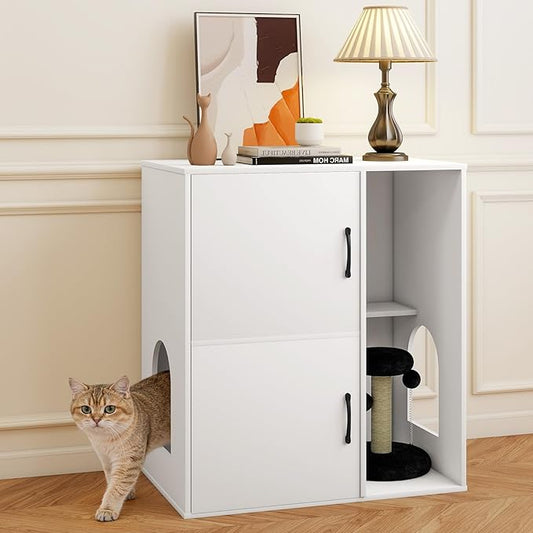 Rovibek Double Cat Litter Box Enclosure,Two Tier Hidden Litter Box Furniture for 2 Cats with Scratching Post and Storage, Dual Cat Litter Cabinet for 2 Litter Boxes, White