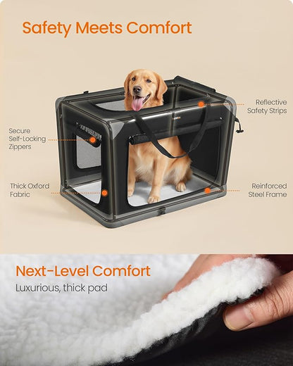Feandrea Collapsible Dog Crate, Portable Oxford Fabric Pet Travel Crate with 4 Mesh Doors, Handles, Pocket, 36 Inches, for Large Dogs, Ink Black and Dove Gray UPDC029BH01