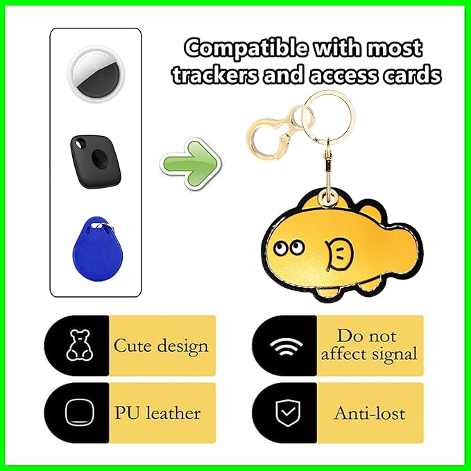 Leather Airtag Keychain Case Holder,Cute Protective Apple Air Tag Cover with Key Ring,Anti-Scratch Hidden Finder GPS Tracker Case for Wallet Keys,Bag,Pets,Backpack(Fish)