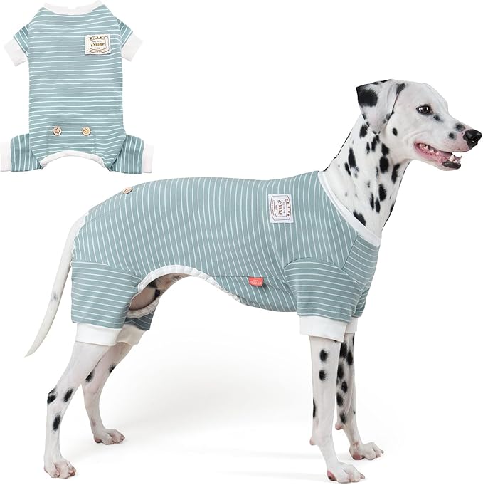 KYEESE Dog Pajamas, Striped Pet PJS Lightweight Doggie Jammies, 4 Legs Outfit Soft Dog Pajamas, Cozy Pet Clothes Onesie, Comfortable PJS for Large Dogs, Green Striped, 3XL