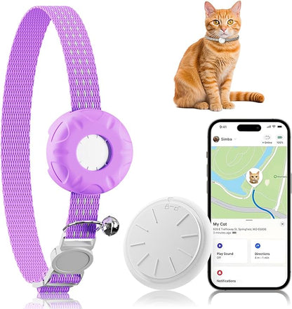 Cat Tracker, GPS Tracker, Pet Tracker Compatible with Apple Find My App(Only iOS), Waterproof Cat Trackers Collar with Bell and Safety Elastic Buckle,No Monthly Fee, Smart Alerts, Purple