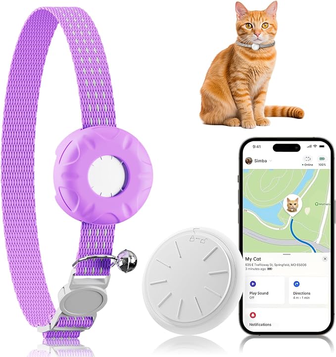 GPS Tracker for Cats - No Monthly Fee Cat Tracker, Waterproof Real-Time Tracking Collar for Pets, Kids,Luggage & Assets | 367-Day Battery Life | iOS Compatible | Anti-Lost Tracker Device (Purple)