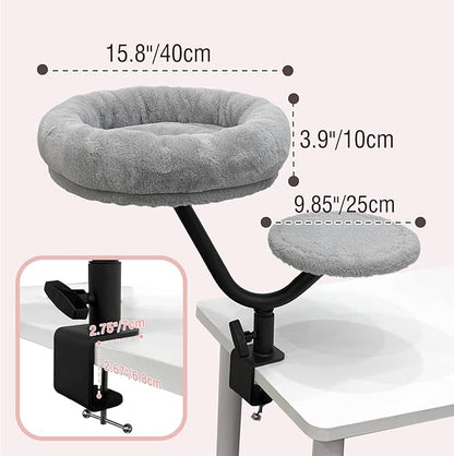 Cat Desk Bed, Desk Cat Bed Attachment for Indoor Cats, 360° Swivel Clamp-on Cats Perch with 40lbs Support, Sturdy Plush Resting Spot for Home Office,Gray
