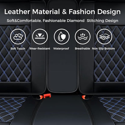 Huidasource Car Back Seat Cover, Leather Anti Slip Automotive Rear Seat Cover Protector, Back Seat Car Cover Velcro Adjustable Universal Fit for Most Cars Sedan SUV Pickup Truck (Back Row/Black&Blue)